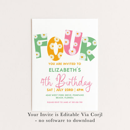 Editable 4th BirthdayDaisy Invitation Template Downloadable Daisy Invite For Four Year Old Retro Invite Party Celebration Digital Download