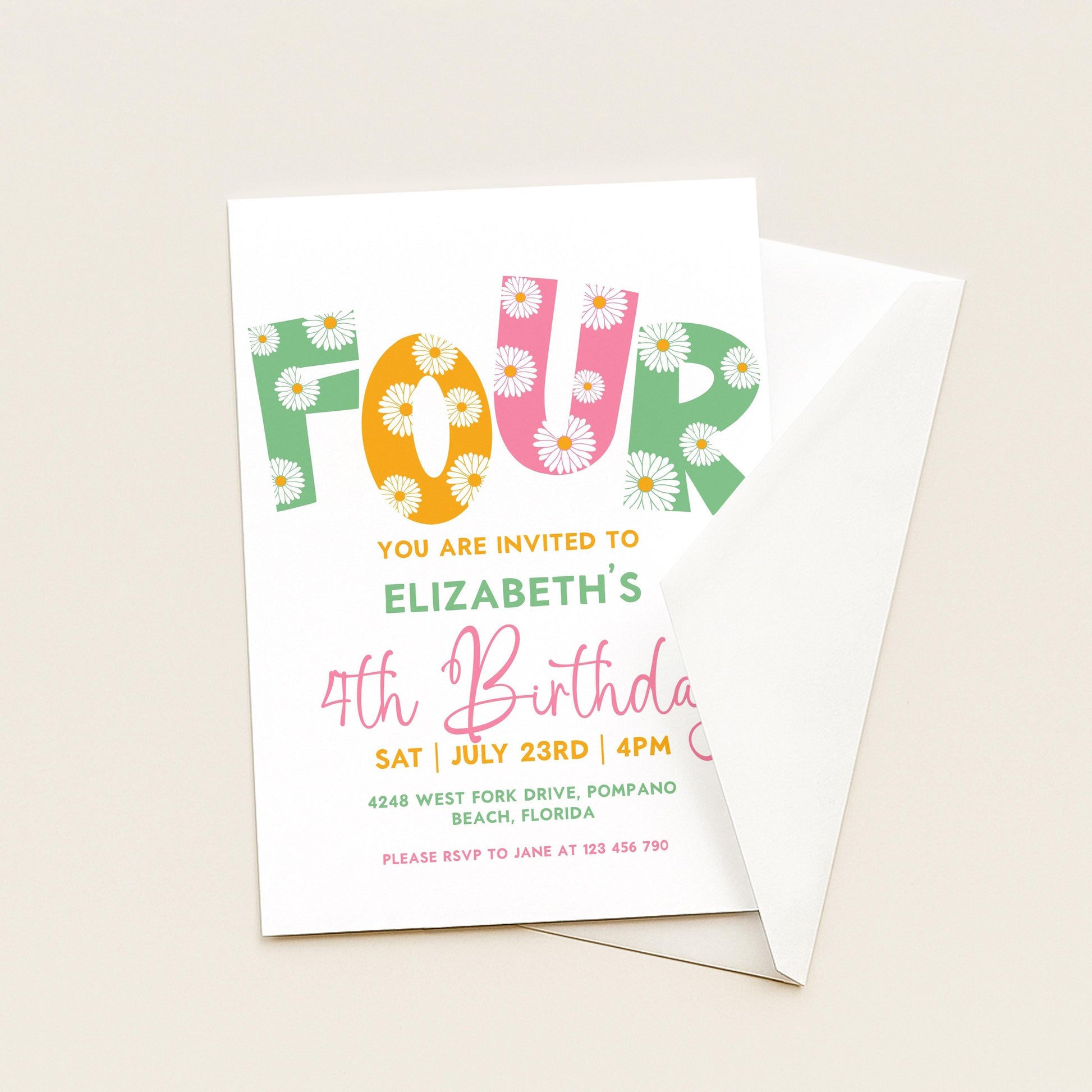 Editable 4th BirthdayDaisy Invitation Template Downloadable Daisy Invite For Four Year Old Retro Invite Party Celebration Digital Download