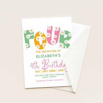 Editable 4th BirthdayDaisy Invitation Template Downloadable Daisy Invite For Four Year Old Retro Invite Party Celebration Digital Download
