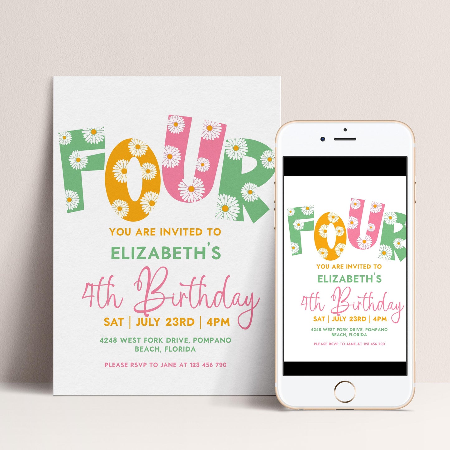 Editable 4th BirthdayDaisy Invitation Template Downloadable Daisy Invite For Four Year Old Retro Invite Party Celebration Digital Download
