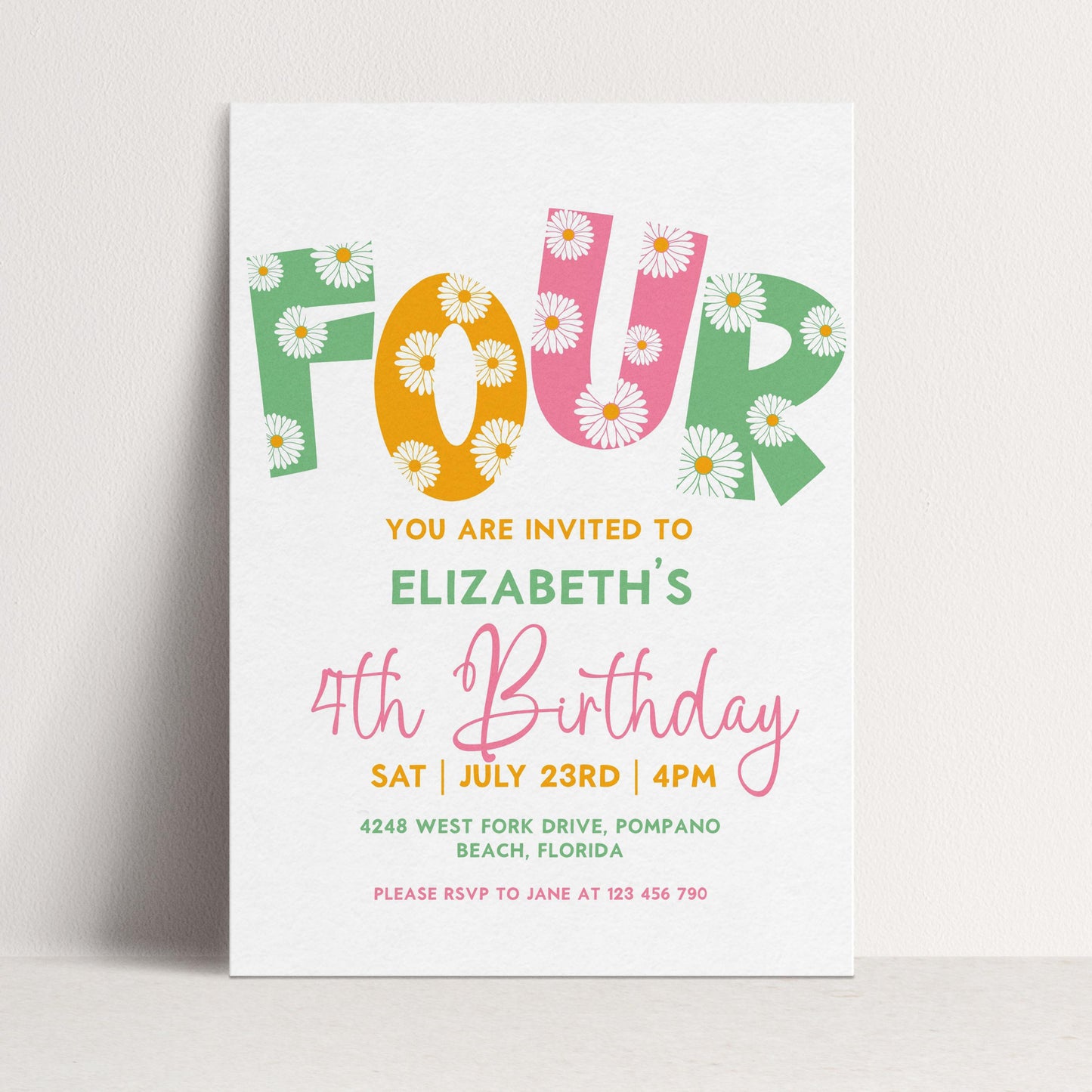 Editable 4th BirthdayDaisy Invitation Template Downloadable Daisy Invite For Four Year Old Retro Invite Party Celebration Digital Download