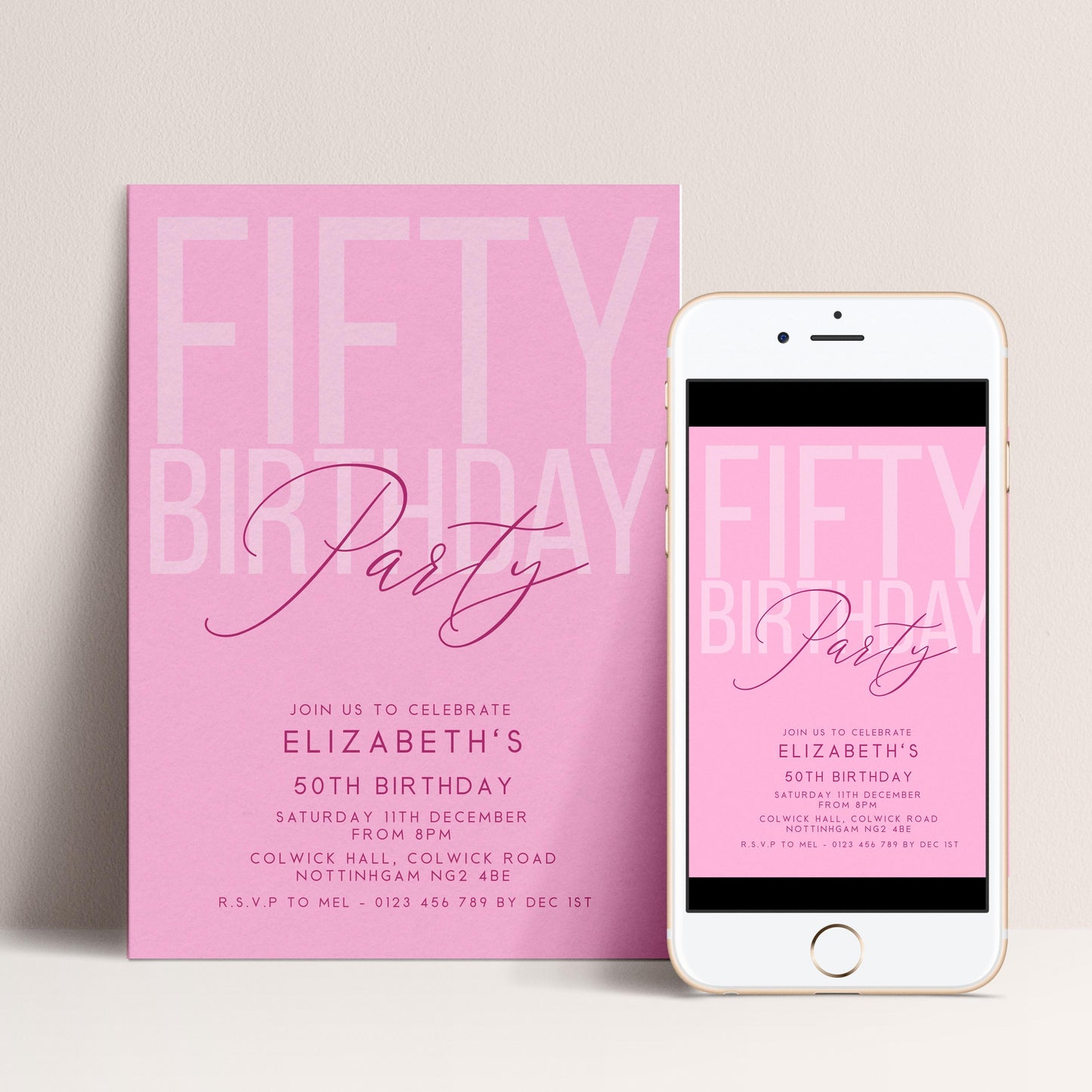 Editable 50th Birthday Invitation, Editable Pink Fifty Party Invite, Women's Adult Invitation Template, 50th Birthday Printable Template