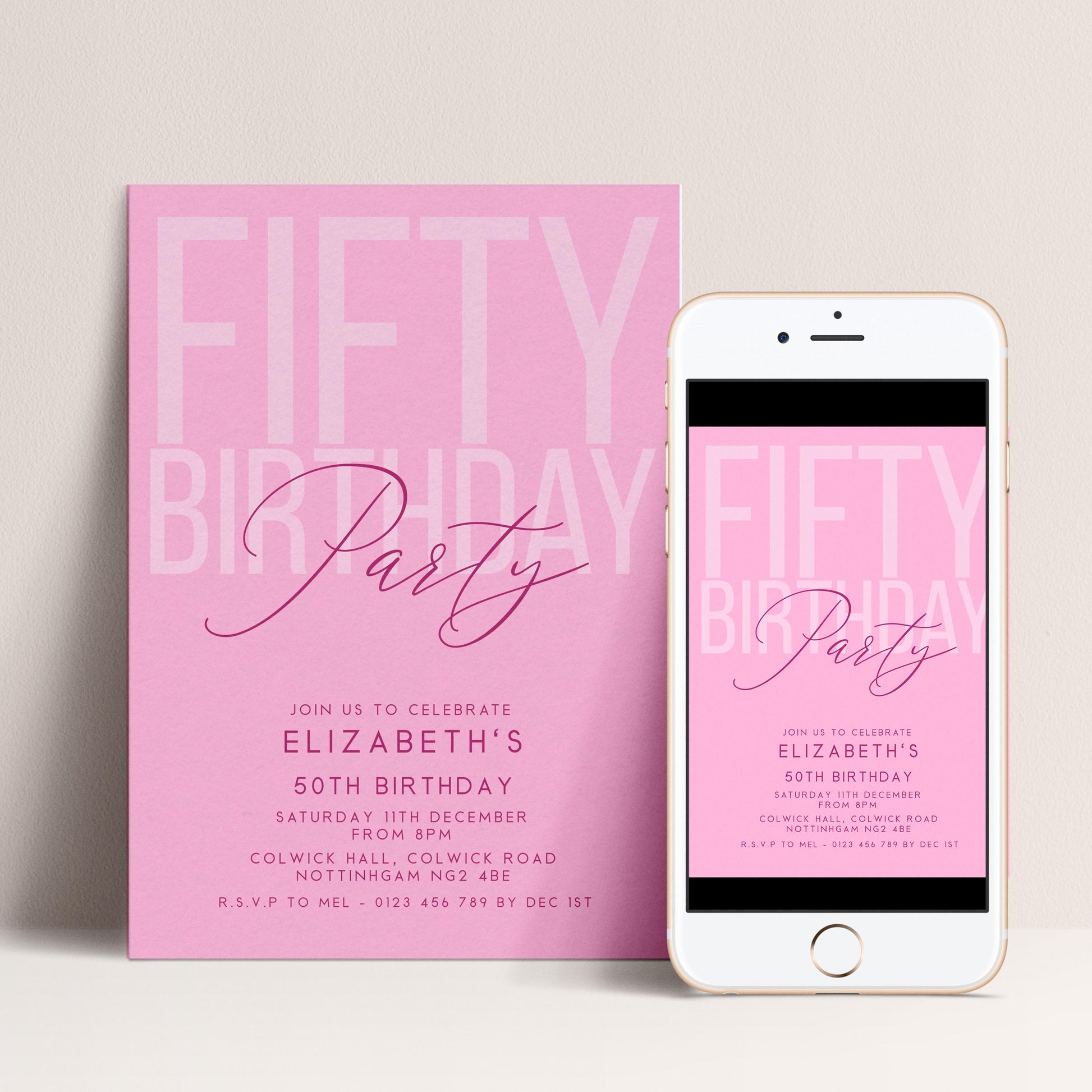 Editable 50th Birthday Invitation, Editable Pink Fifty Party Invite, Women's Adult Invitation Template, 50th Birthday Printable Template