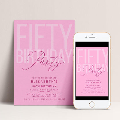 Editable 50th Birthday Invitation, Editable Pink Fifty Party Invite, Women's Adult Invitation Template, 50th Birthday Printable Template