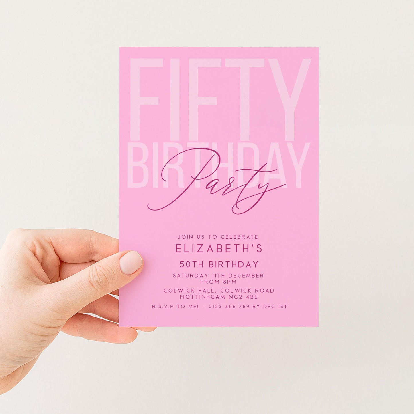 Editable 50th Birthday Invitation, Editable Pink Fifty Party Invite, Women's Adult Invitation Template, 50th Birthday Printable Template