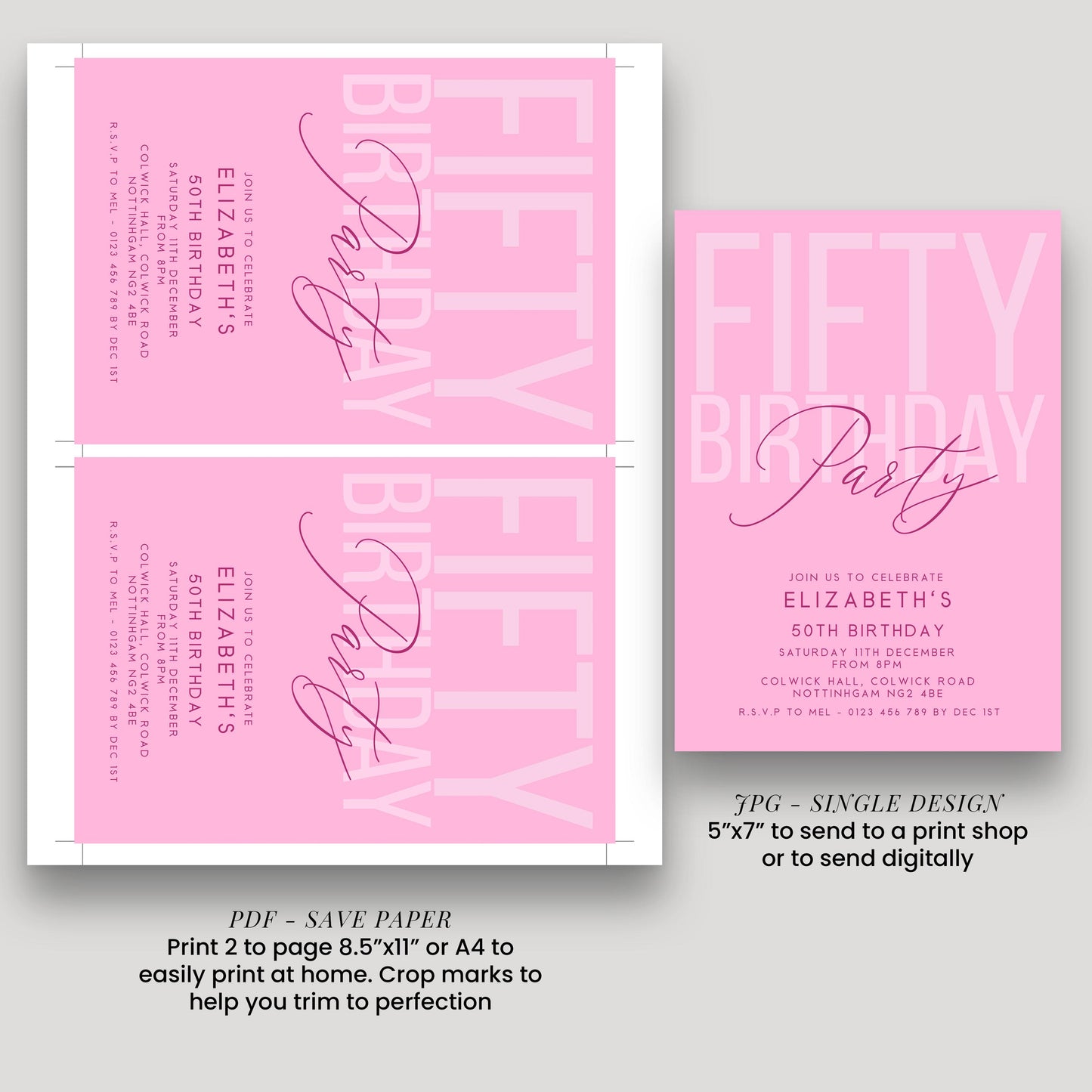 Editable 50th Birthday Invitation, Editable Pink Fifty Party Invite, Women's Adult Invitation Template, 50th Birthday Printable Template