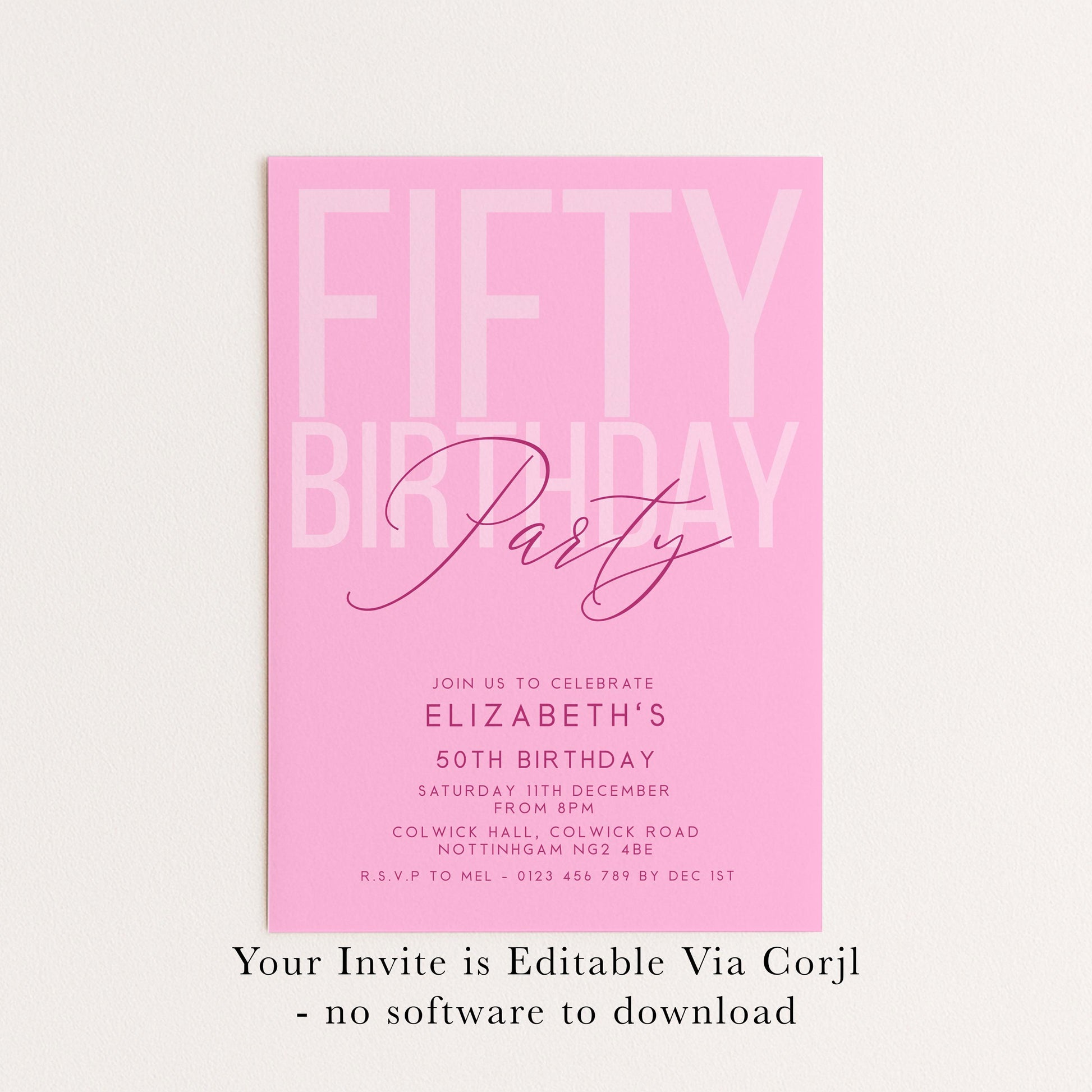 Editable 50th Birthday Invitation, Editable Pink Fifty Party Invite, Women's Adult Invitation Template, 50th Birthday Printable Template