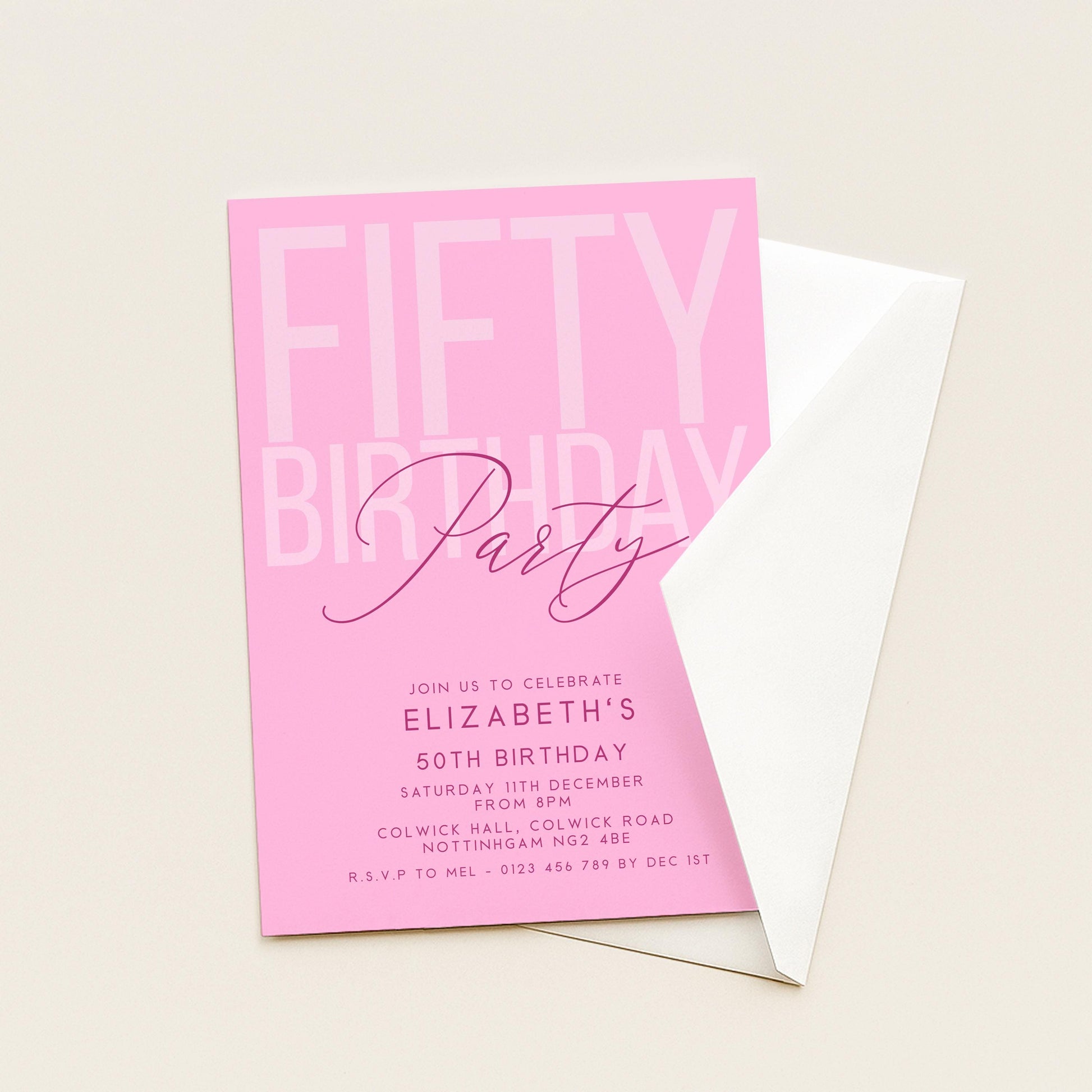 Editable 50th Birthday Invitation, Editable Pink Fifty Party Invite, Women's Adult Invitation Template, 50th Birthday Printable Template