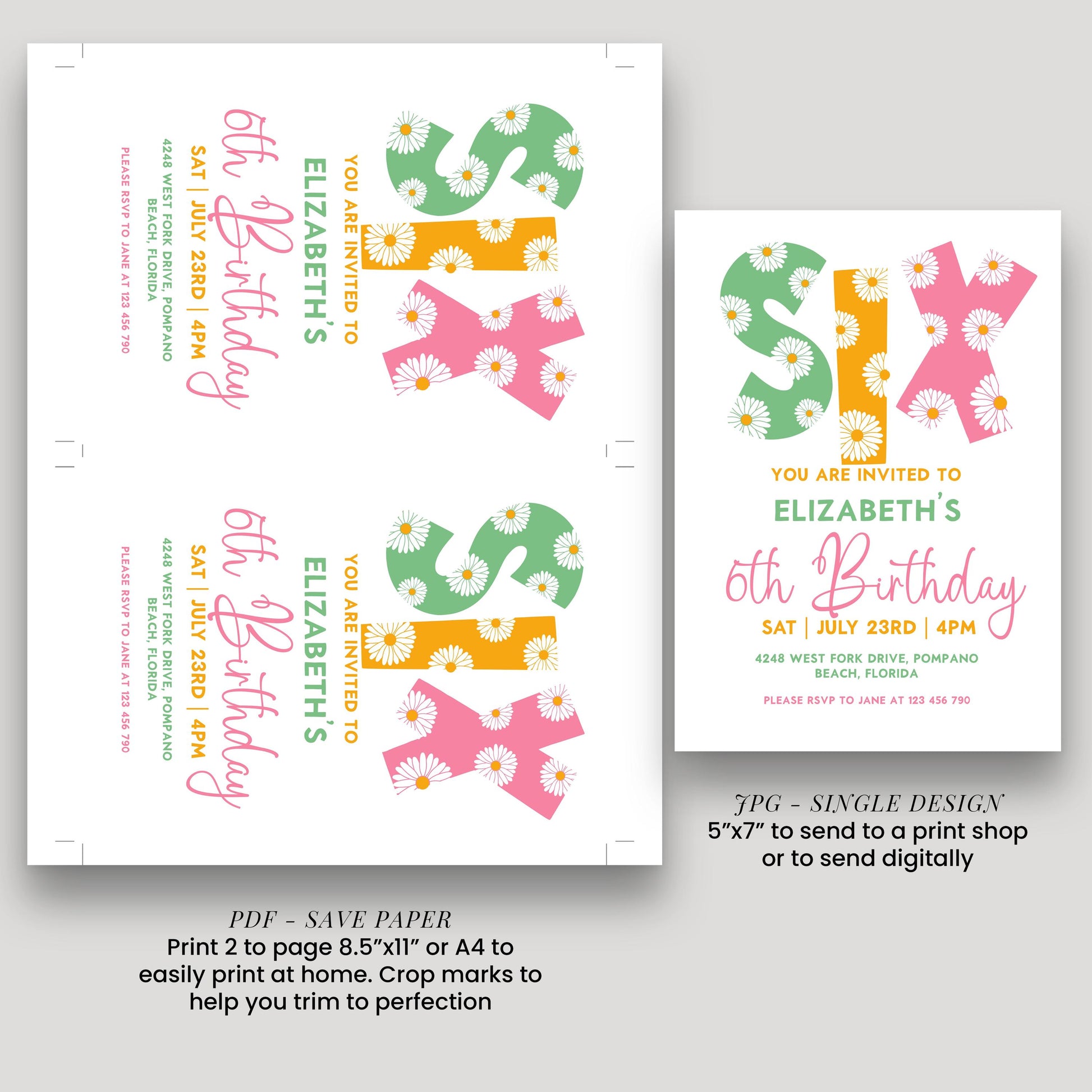 Editable 6th BirthdayDaisy Invitation Template Downloadable Daisy Invite For Six Year Old Retro Invite Party Celebration Digital Download