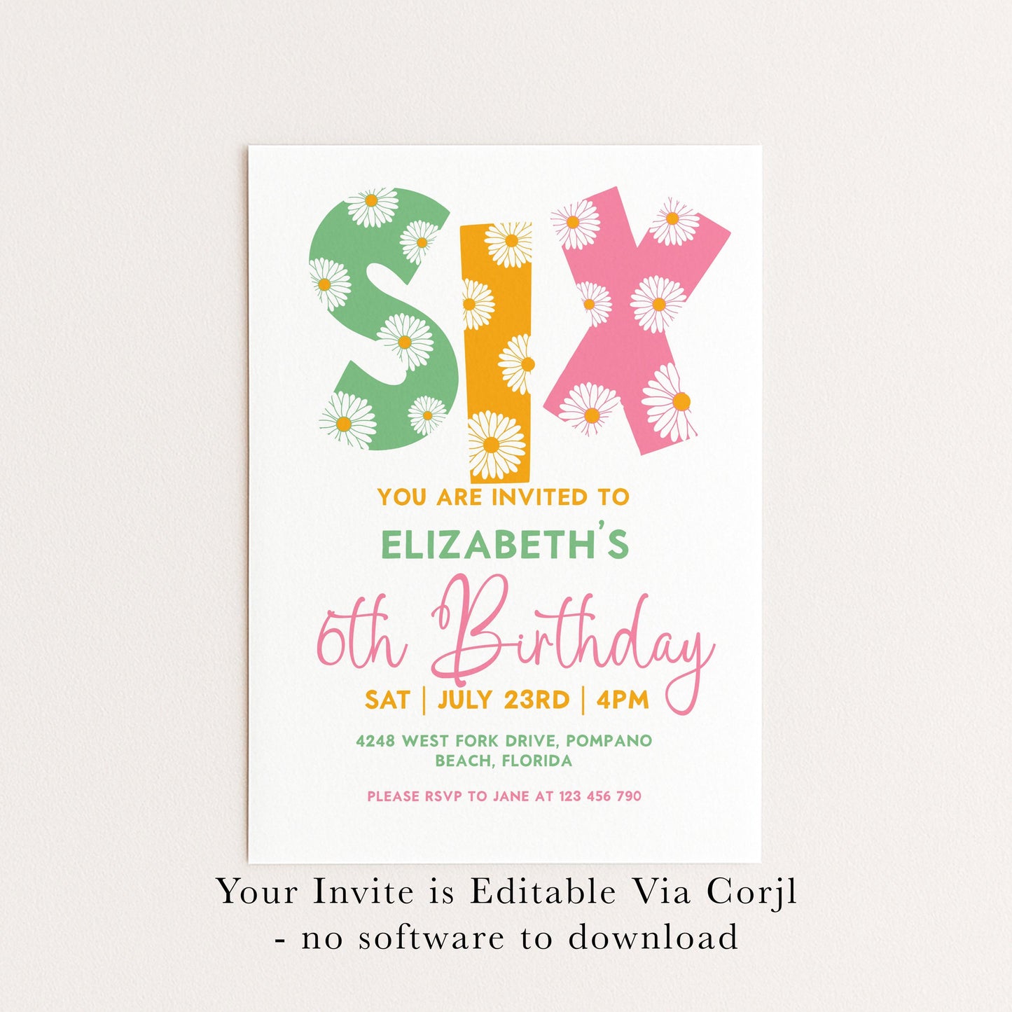 Editable 6th BirthdayDaisy Invitation Template Downloadable Daisy Invite For Six Year Old Retro Invite Party Celebration Digital Download