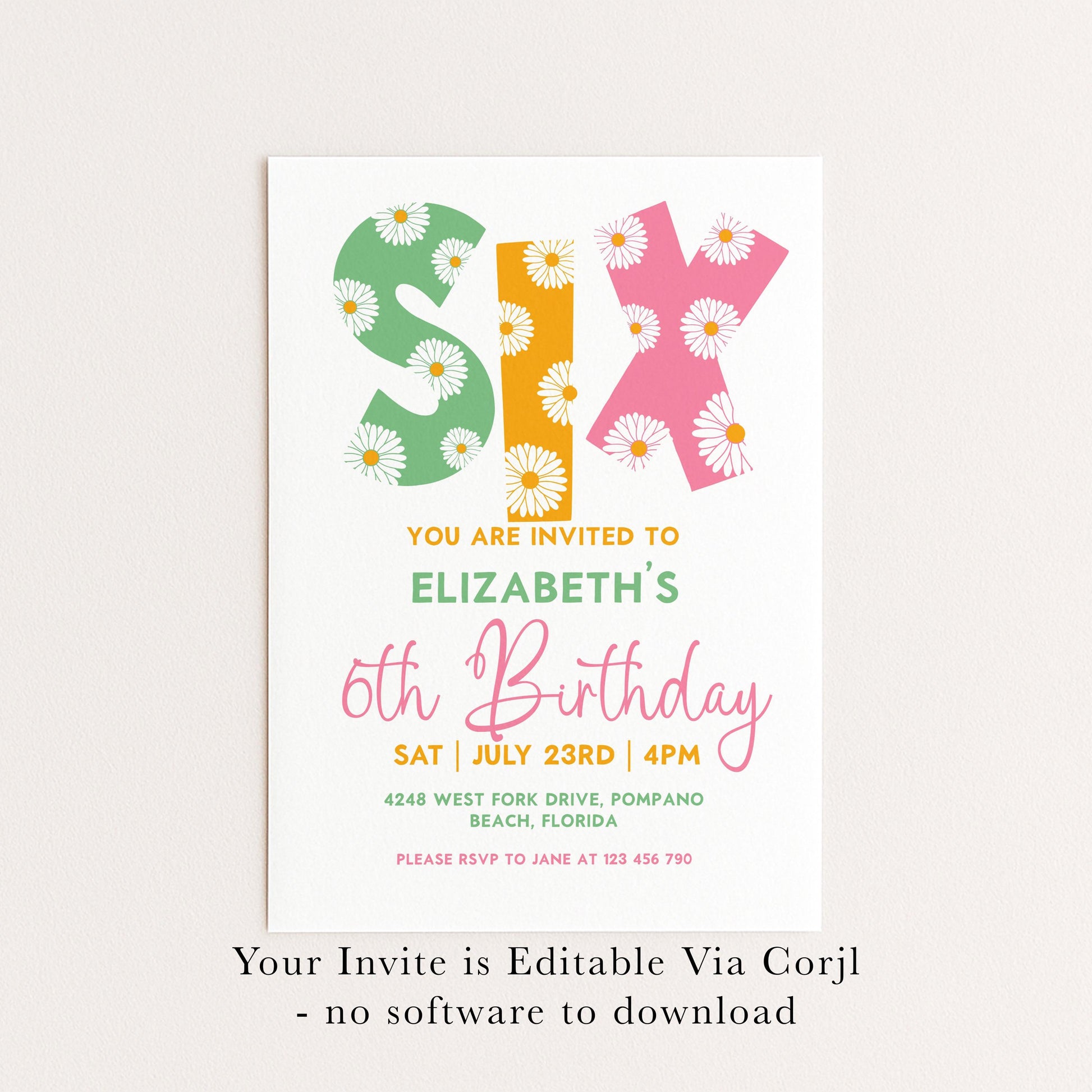 Editable 6th BirthdayDaisy Invitation Template Downloadable Daisy Invite For Six Year Old Retro Invite Party Celebration Digital Download