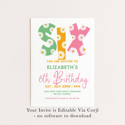 Editable 6th BirthdayDaisy Invitation Template Downloadable Daisy Invite For Six Year Old Retro Invite Party Celebration Digital Download