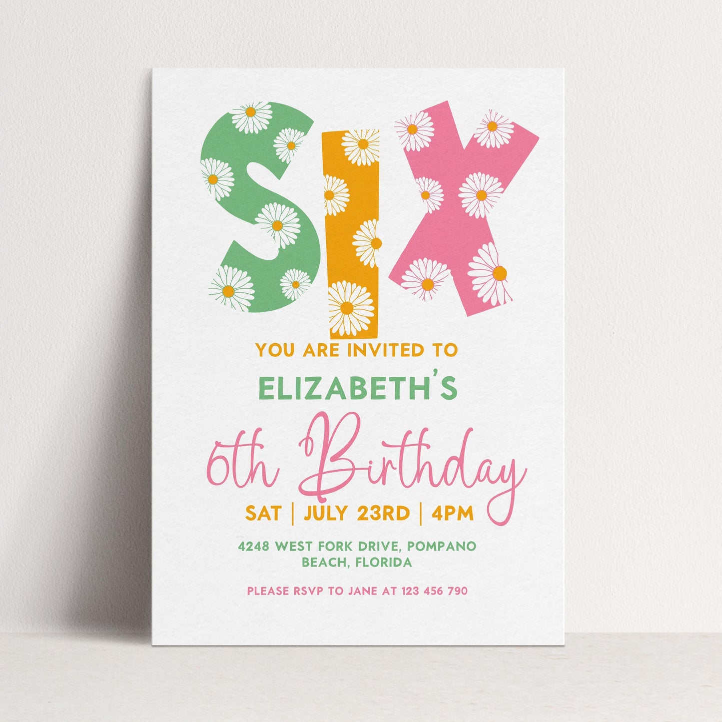 Editable 6th BirthdayDaisy Invitation Template Downloadable Daisy Invite For Six Year Old Retro Invite Party Celebration Digital Download