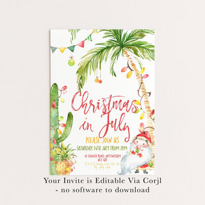 Editable Christmas In July Party Invitation Editable Template Holiday invitation Tropical Christmas Scene Printable Instant Download