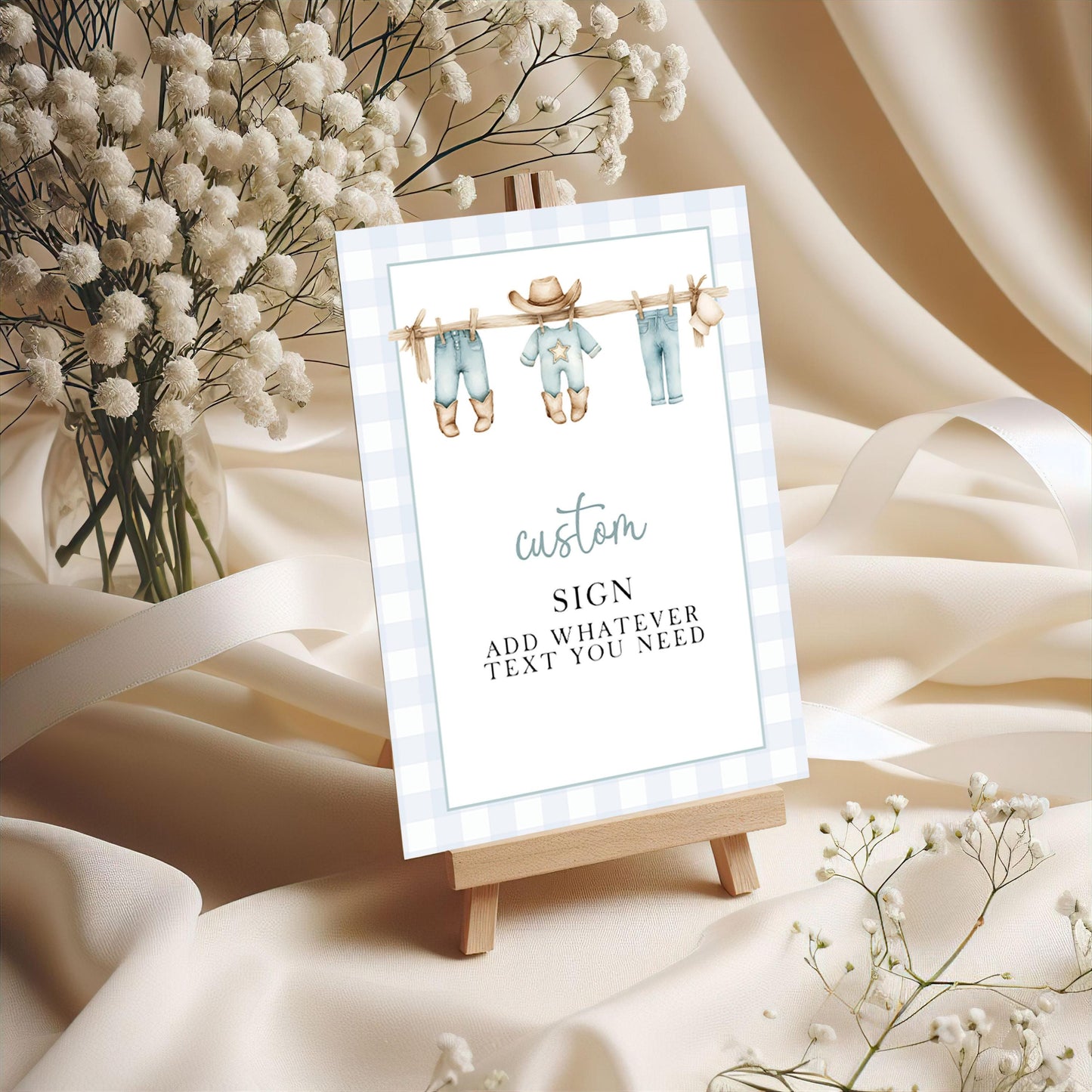 Editable Cowboy Baby Shower Sign, Blue Western Theme Clothesline Sign, Gingham Printable Custom Party Sign for Boy, Corjl Template CB20
