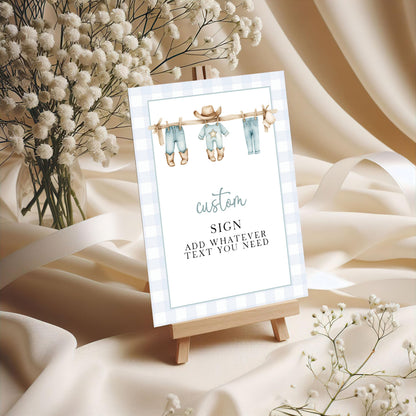 Editable Cowboy Baby Shower Sign, Blue Western Theme Clothesline Sign, Gingham Printable Custom Party Sign for Boy, Corjl Template CB20