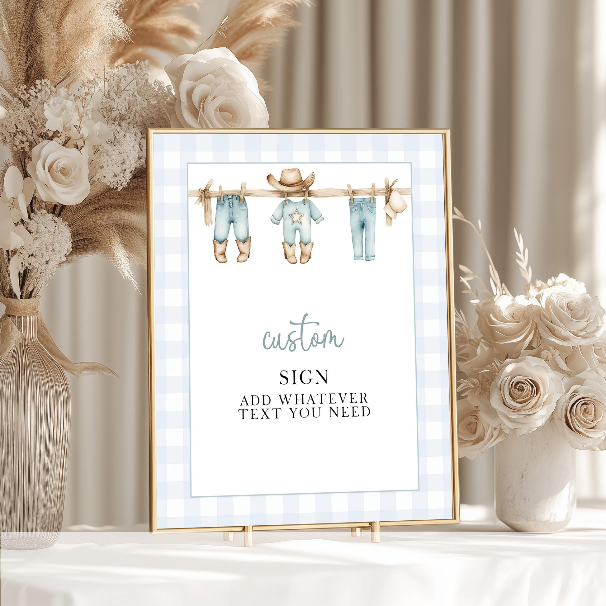 Editable Cowboy Baby Shower Sign, Blue Western Theme Clothesline Sign, Gingham Printable Custom Party Sign for Boy, Corjl Template CB20