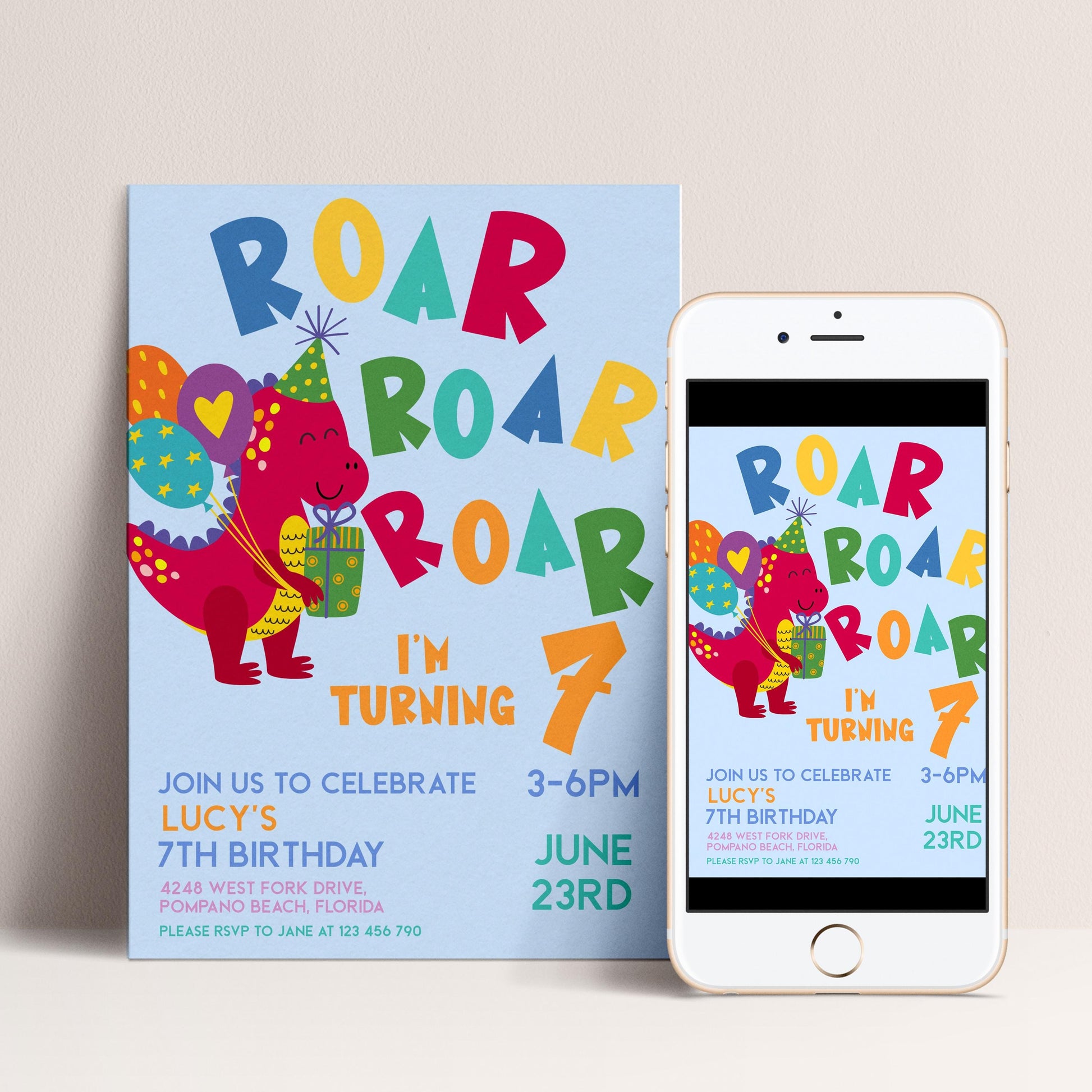 The image is a birthday party invitation featuring a cartoon dinosaur character and colorful text.