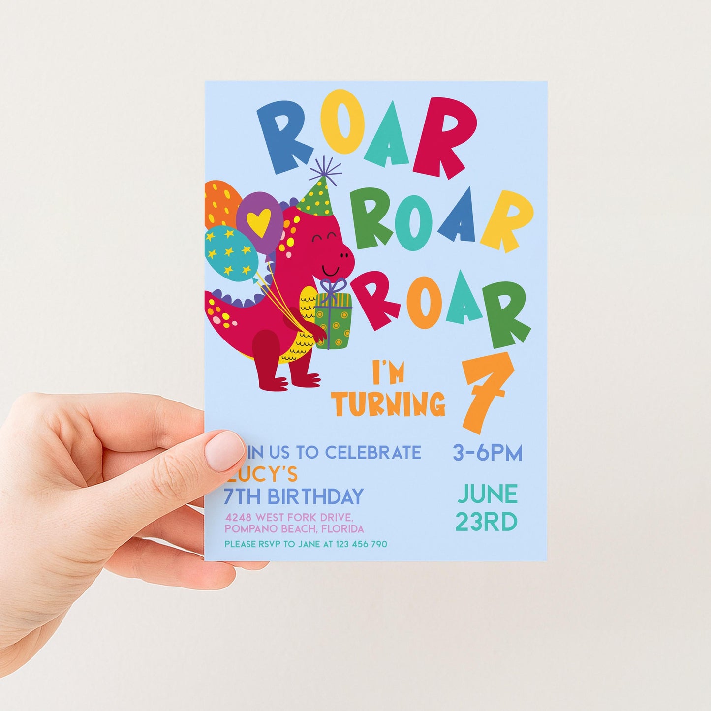 The image is a birthday party invitation for a 7-year-old named Lucy, celebrating her 7th birthday. The invitation features a cartoon dinosaur and colorful text, inviting guests to a party at 3-6pm on June 23rd at 12:45 pm.