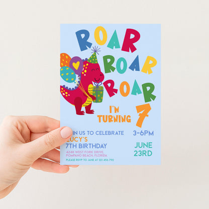 The image is a birthday party invitation for a 7-year-old named Lucy, celebrating her 7th birthday. The invitation features a cartoon dinosaur and colorful text, inviting guests to a party at 3-6pm on June 23rd at 12:45 pm.