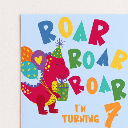 The image is a birthday card for a 7-year-old, featuring a cartoon dinosaur character holding a gift and balloons.