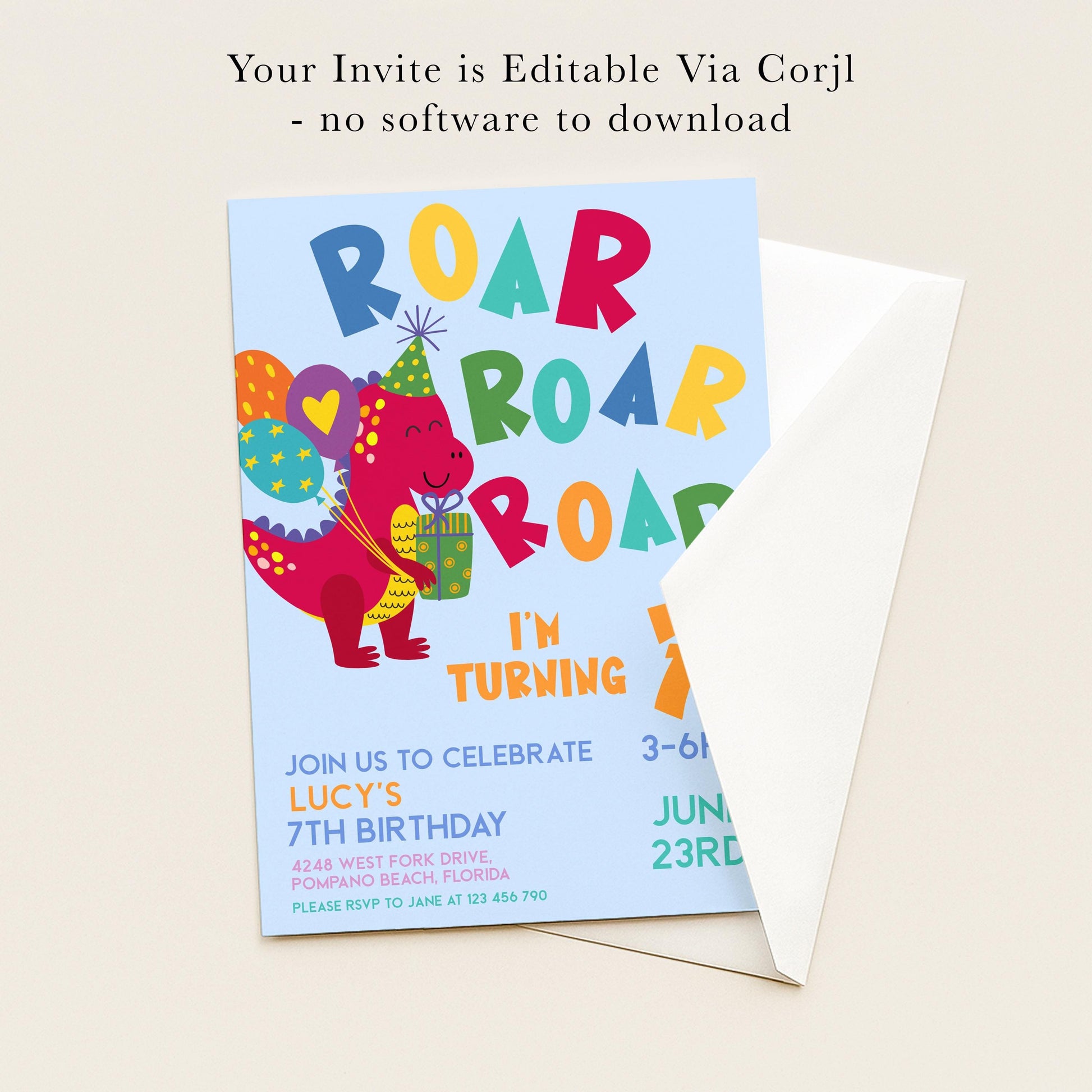 The image is a birthday invitation for a 7th birthday celebration. It features a colorful dragon and text that reads "Roar Roar Road in Turning 7". The invitation invites guests to join the celebration and provides details about the event, including the date, time, location, and RSVP instructions.