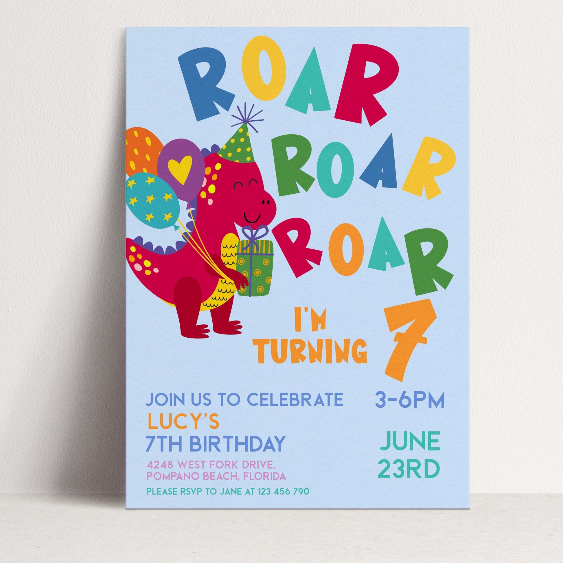 The image is a birthday party invitation for a 7-year-old named Lucy, featuring a cartoon dinosaur and colorful text.