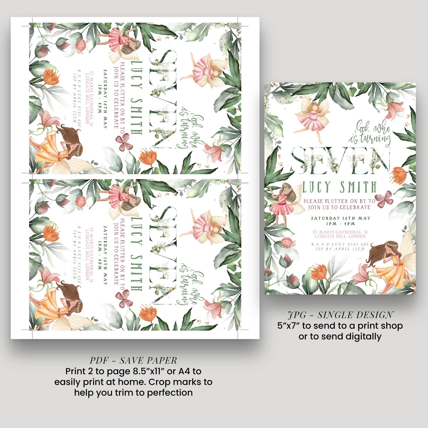 Editable Fairy 7th Birthday Invitation Seven Year Wildflower Garden Fairy Birthday Fairy Magical Printable Template Instant Download FY25