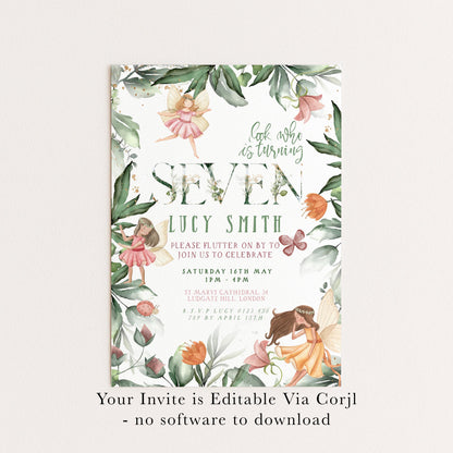 Editable Fairy 7th Birthday Invitation Seven Year Wildflower Garden Fairy Birthday Fairy Magical Printable Template Instant Download FY25