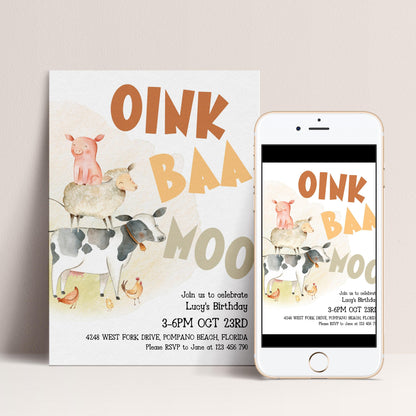 The image is a birthday invitation featuring a cartoon illustration of a pig, cow, sheep, and a piggy bank, along with the text "Oink Baa Moo" and details about a birthday celebration.
