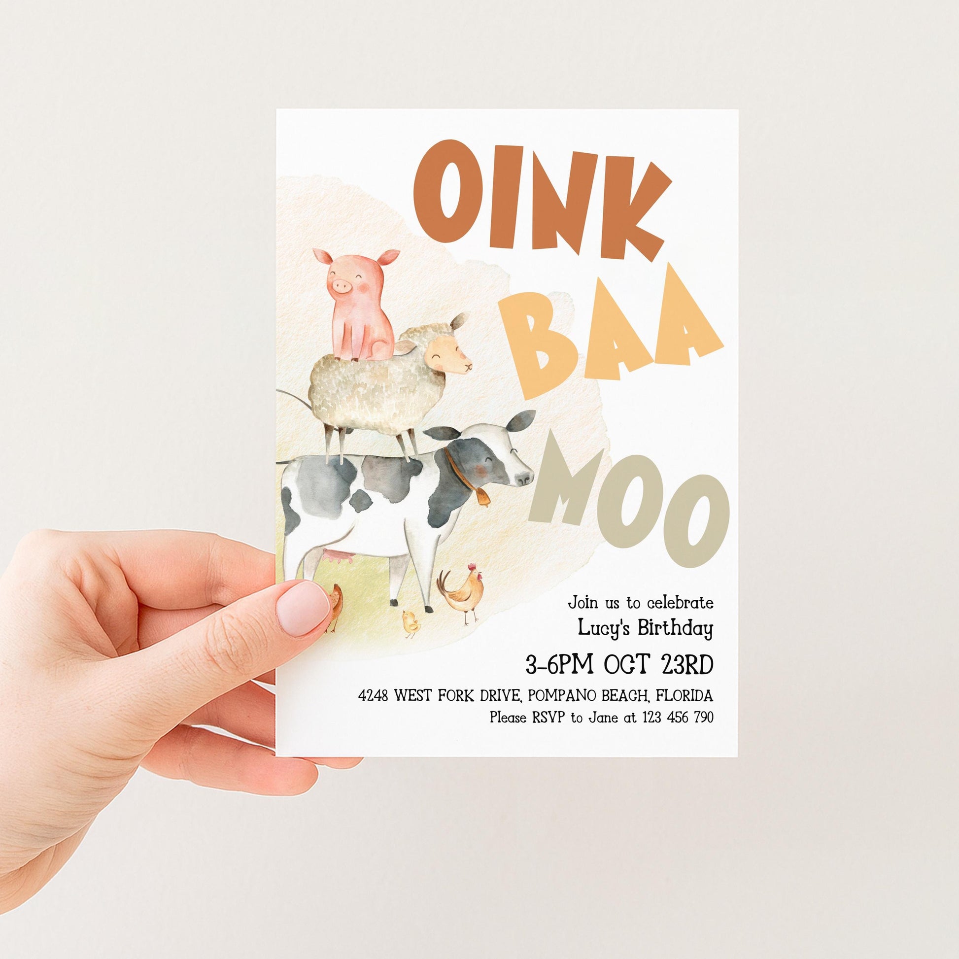 The image is a birthday invitation for a child named Lucy, featuring illustrations of a pig, sheep, and cow, along with the text "Oink Baa Moo" and the event details.