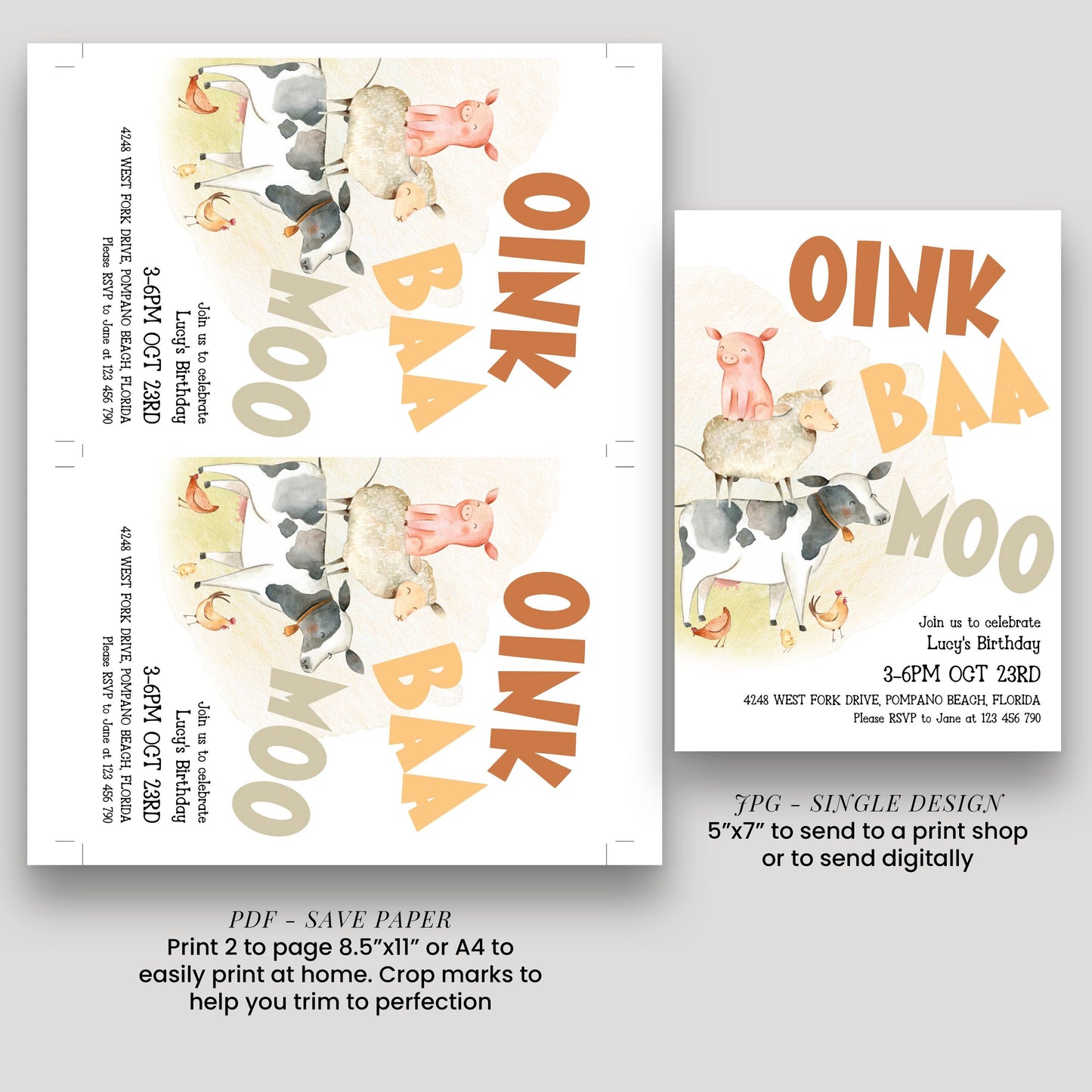 The image is a single design invitation featuring a cartoon illustration of farm animals, including cows, sheep, and pigs, along with the text "Oink Baa Oink Moo" and a message inviting people to a birthday celebration.