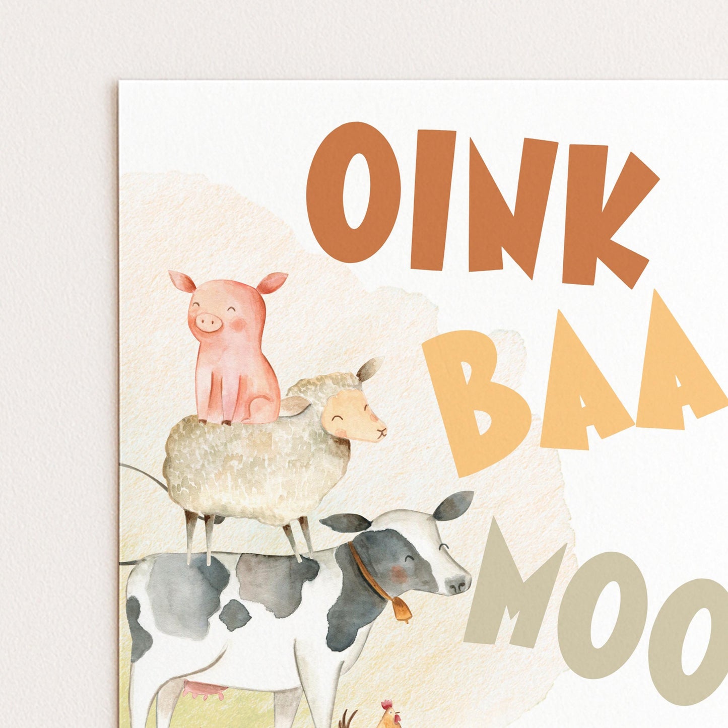 The image is a watercolor painting featuring a pig, a sheep, and a cow, with the text "OINK BAAB MOO" written above them.