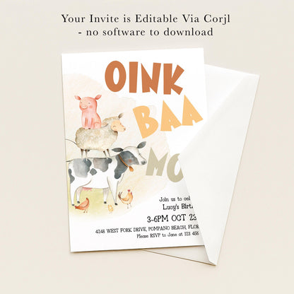 The image is a birthday invitation featuring a cartoon illustration of a pig, cow, and sheep, along with the text "OINK BAAB BAAB" and other details about the event.