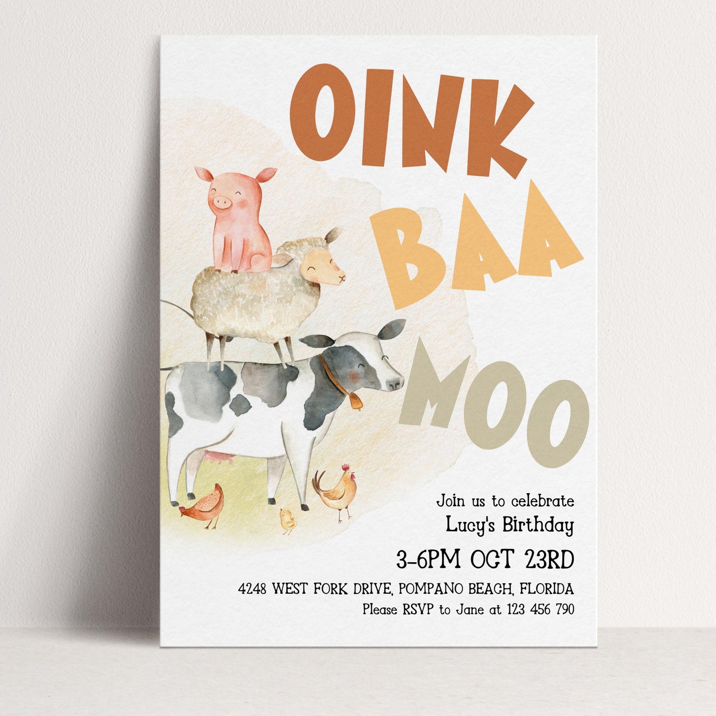 The image is a birthday invitation featuring a cartoon illustration of a pig, sheep, and cow, along with the text "Oink Baa Moo" and details about a birthday celebration.