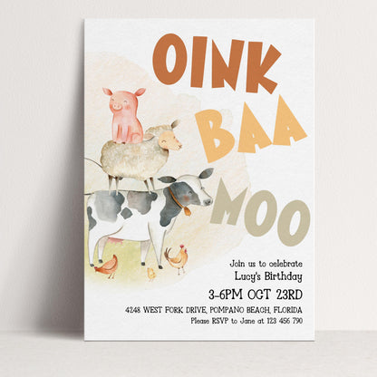 The image is a birthday invitation featuring a cartoon illustration of a pig, sheep, and cow, along with the text "Oink Baa Moo" and details about a birthday celebration.