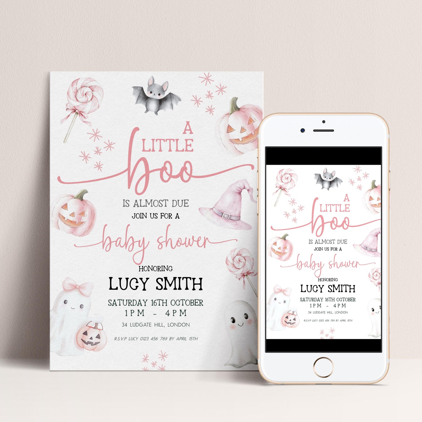 Editable Halloween Baby Shower Invitation – A Little Boo is Almost Due, Pink Ghost Theme, Corjl Template, Cute Spooky Shower Invite BO31