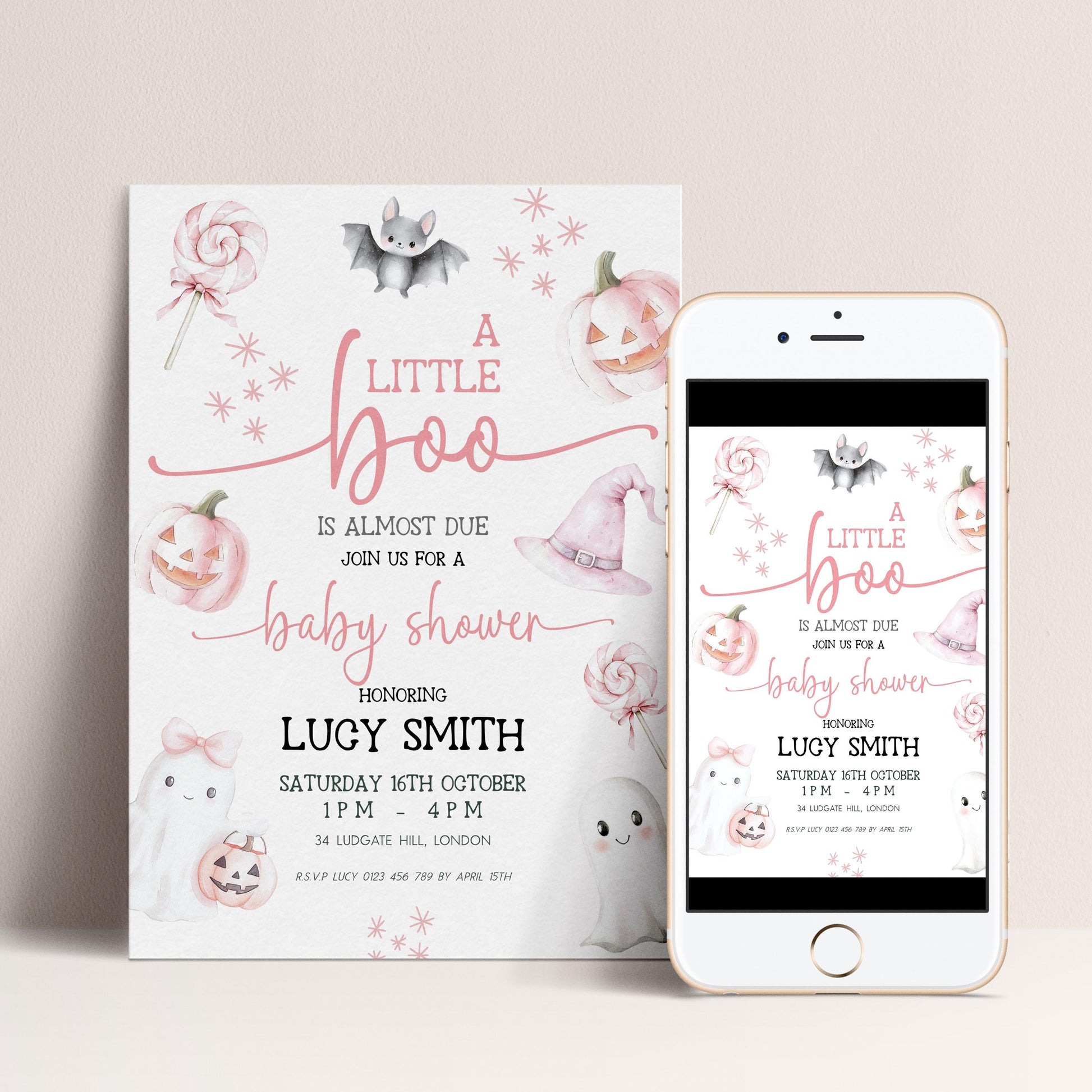 Editable Halloween Baby Shower Invitation – A Little Boo is Almost Due, Pink Ghost Theme, Corjl Template, Cute Spooky Shower Invite BO31