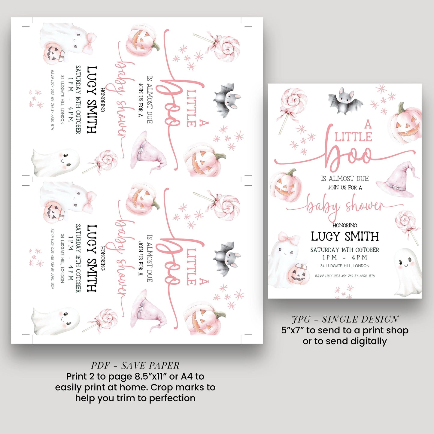 Editable Halloween Baby Shower Invitation – A Little Boo is Almost Due, Pink Ghost Theme, Corjl Template, Cute Spooky Shower Invite BO31