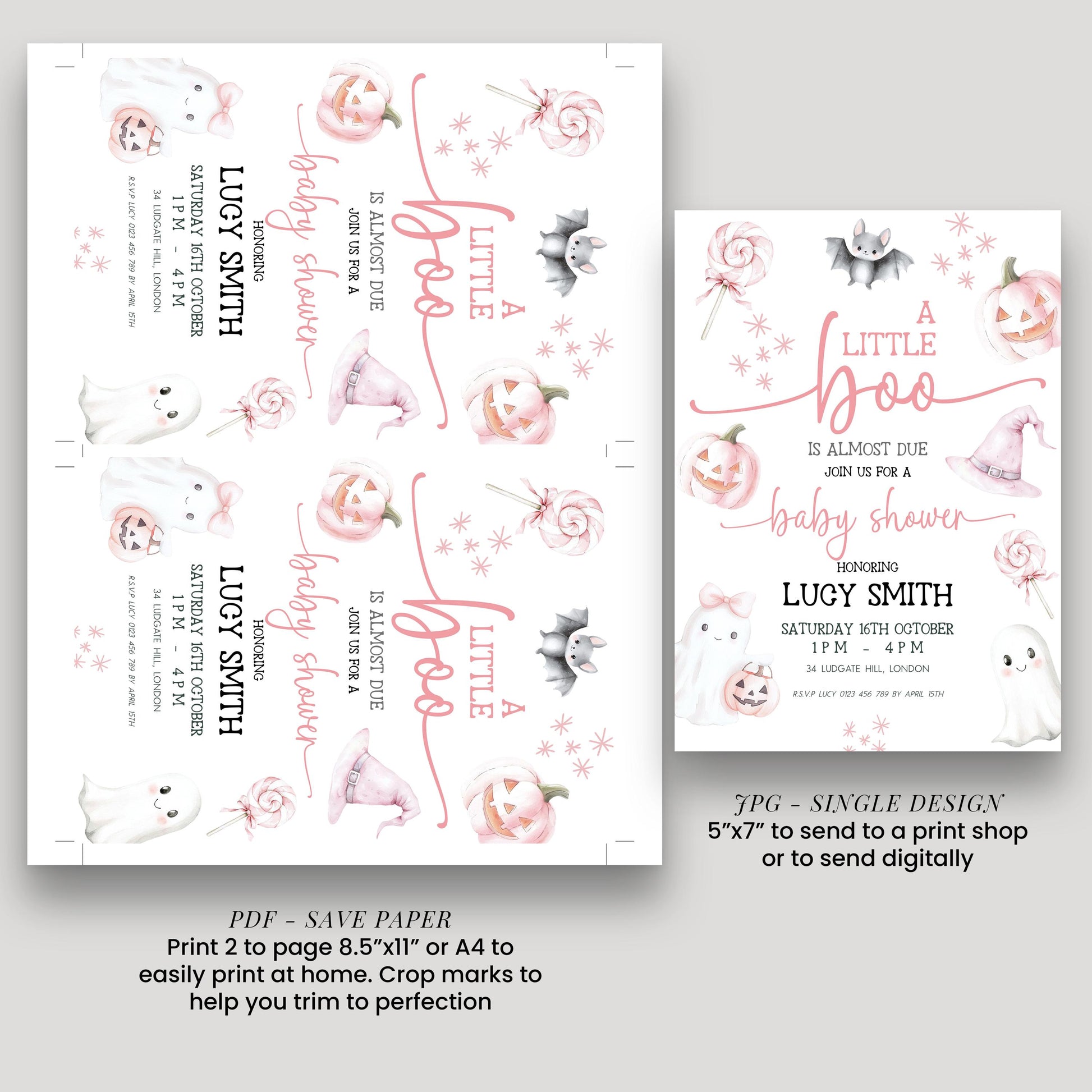 Editable Halloween Baby Shower Invitation – A Little Boo is Almost Due, Pink Ghost Theme, Corjl Template, Cute Spooky Shower Invite BO31