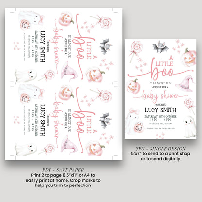 Editable Halloween Baby Shower Invitation – A Little Boo is Almost Due, Pink Ghost Theme, Corjl Template, Cute Spooky Shower Invite BO31