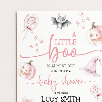 Editable Halloween Baby Shower Invitation – A Little Boo is Almost Due, Pink Ghost Theme, Corjl Template, Cute Spooky Shower Invite BO31