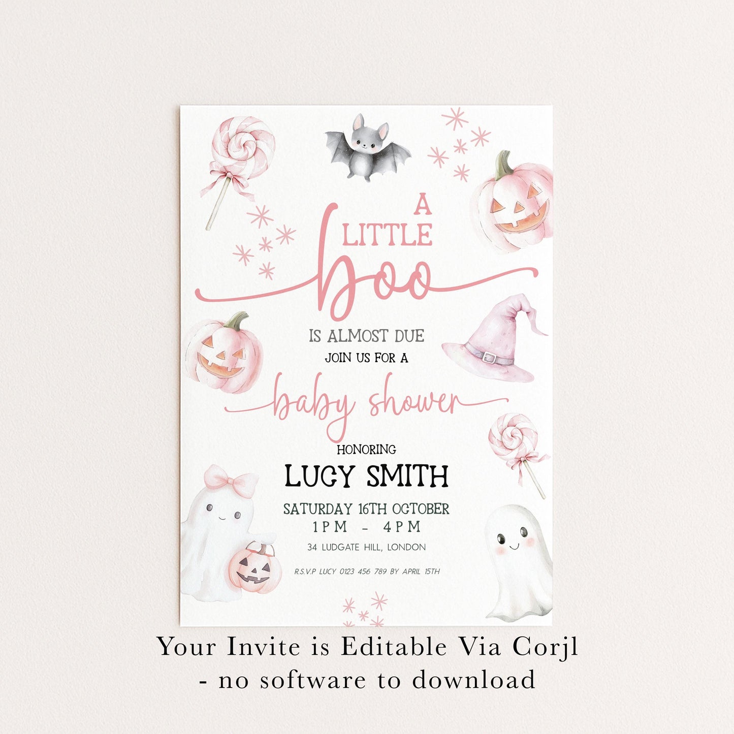 Editable Halloween Baby Shower Invitation – A Little Boo is Almost Due, Pink Ghost Theme, Corjl Template, Cute Spooky Shower Invite BO31