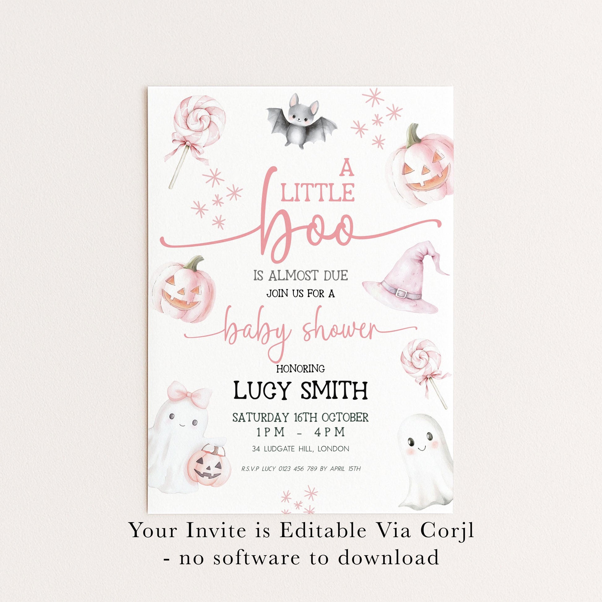 Editable Halloween Baby Shower Invitation – A Little Boo is Almost Due, Pink Ghost Theme, Corjl Template, Cute Spooky Shower Invite BO31