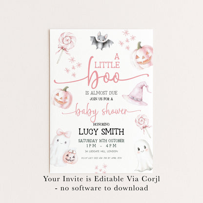 Editable Halloween Baby Shower Invitation – A Little Boo is Almost Due, Pink Ghost Theme, Corjl Template, Cute Spooky Shower Invite BO31
