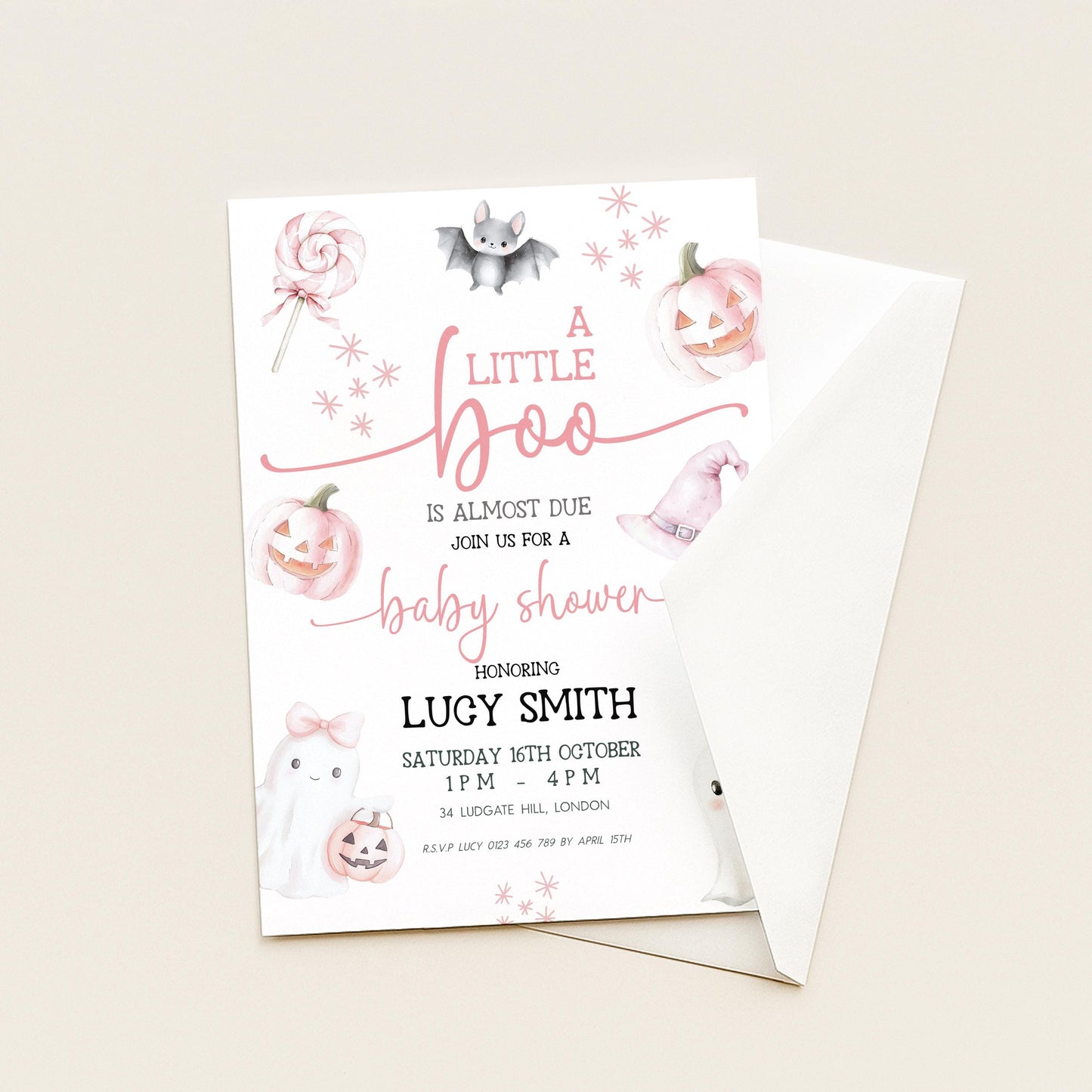 Editable Halloween Baby Shower Invitation – A Little Boo is Almost Due, Pink Ghost Theme, Corjl Template, Cute Spooky Shower Invite BO31