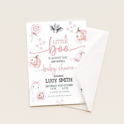 Editable Halloween Baby Shower Invitation – A Little Boo is Almost Due, Pink Ghost Theme, Corjl Template, Cute Spooky Shower Invite BO31
