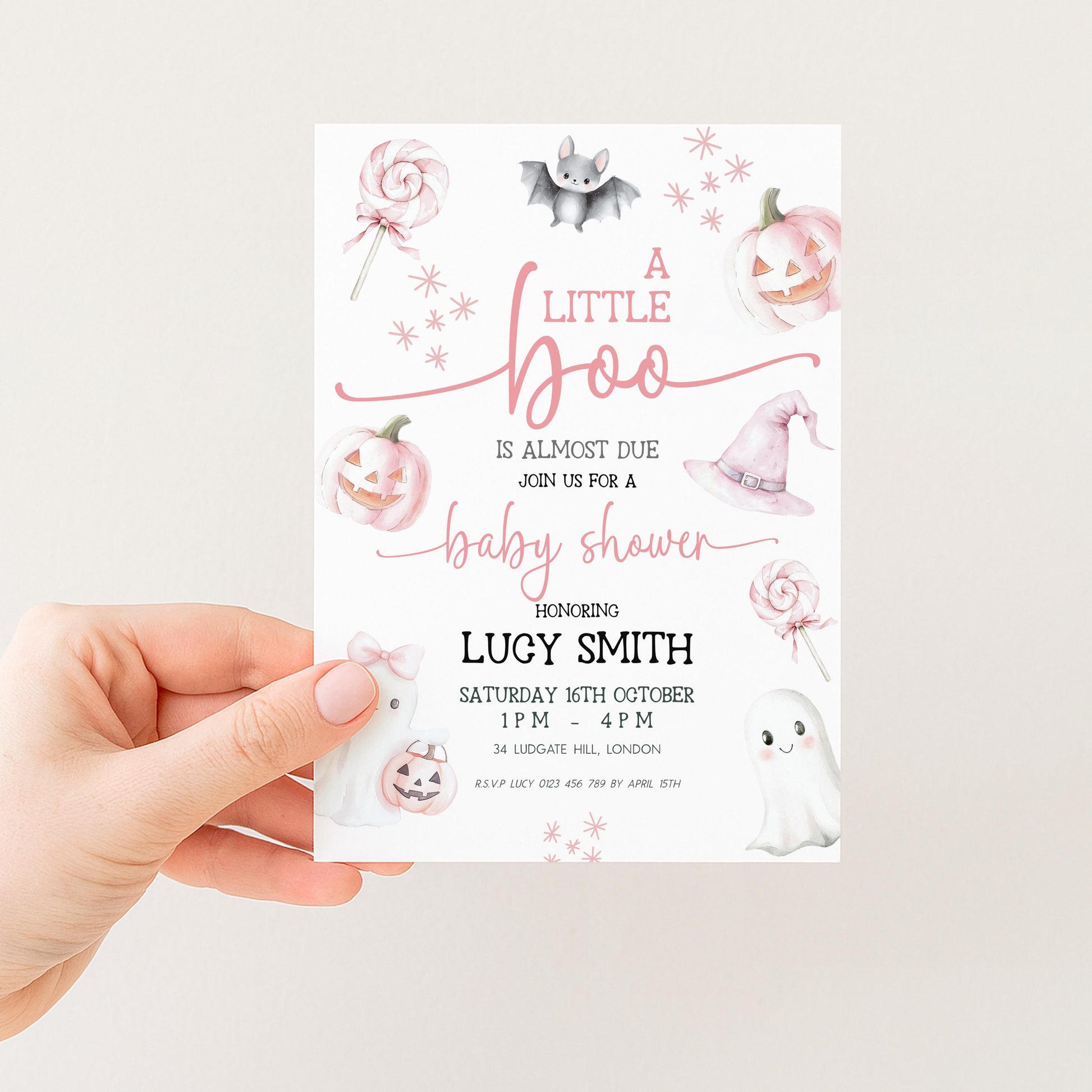 Editable Halloween Baby Shower Invitation – A Little Boo is Almost Due, Pink Ghost Theme, Corjl Template, Cute Spooky Shower Invite BO31