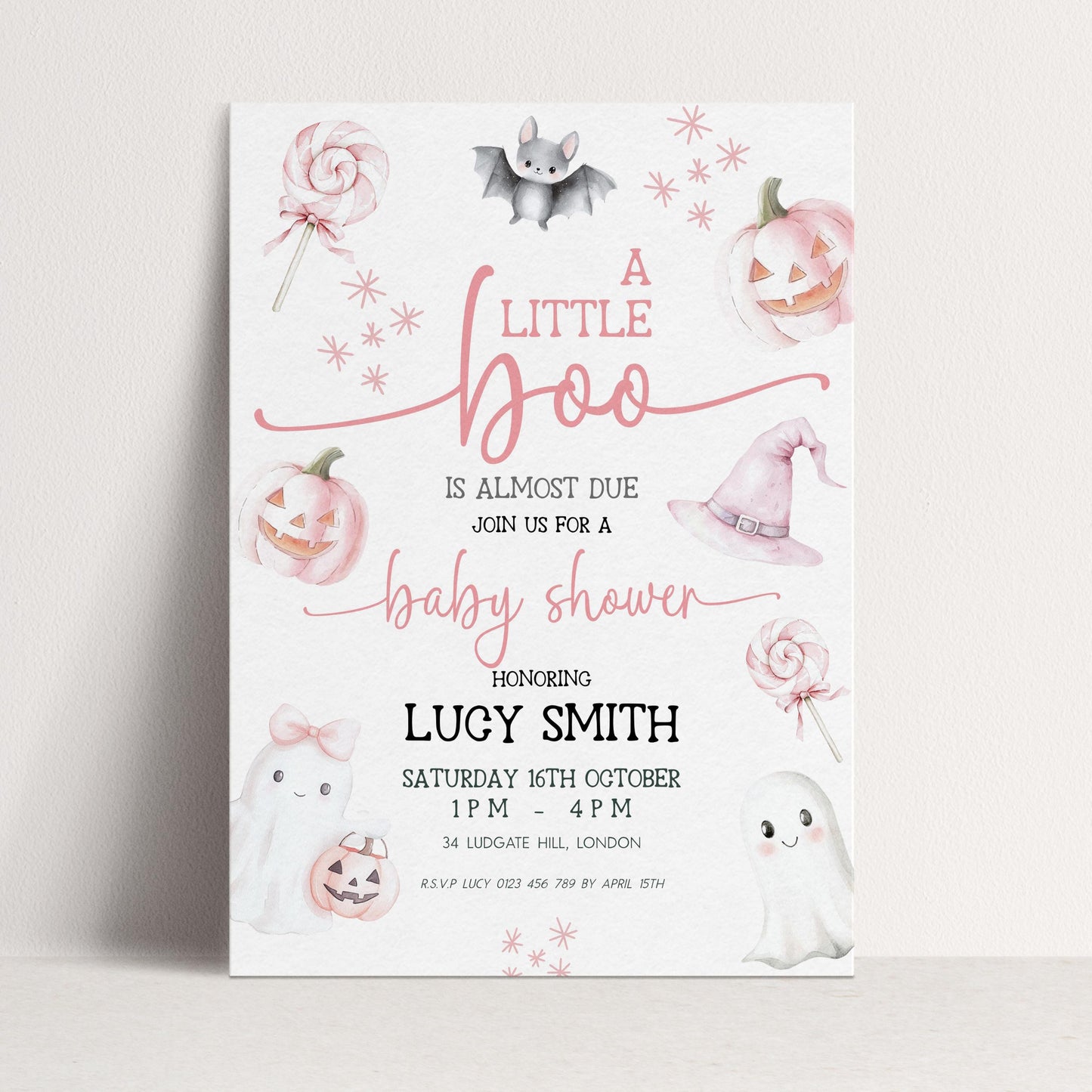 Editable Halloween Baby Shower Invitation – A Little Boo is Almost Due, Pink Ghost Theme, Corjl Template, Cute Spooky Shower Invite BO31