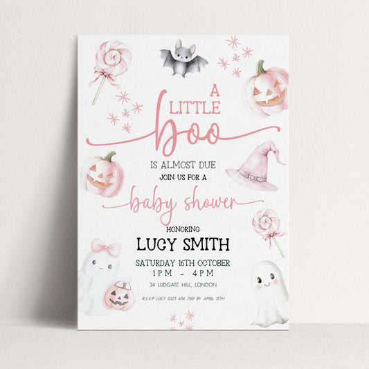 Editable Halloween Baby Shower Invitation – A Little Boo is Almost Due, Pink Ghost Theme, Corjl Template, Cute Spooky Shower Invite BO31